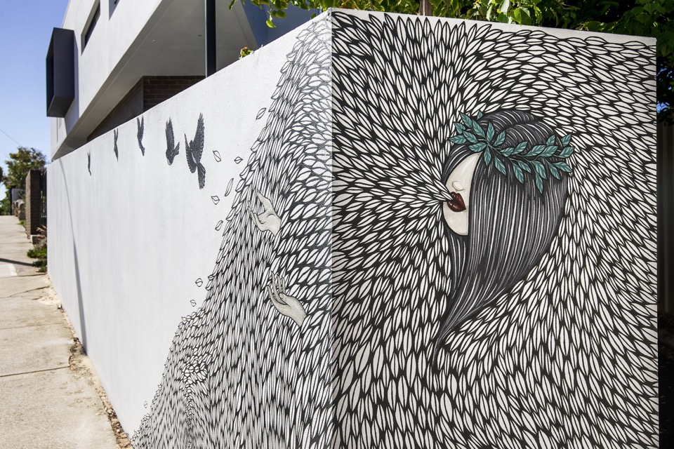 Wall mural by Robert Jenkins. Local heroes: Triangle House by Robeson Architects. Image by Dion Photography. Vincent St, Mt. Lawley. Perth Residential Architecture. 