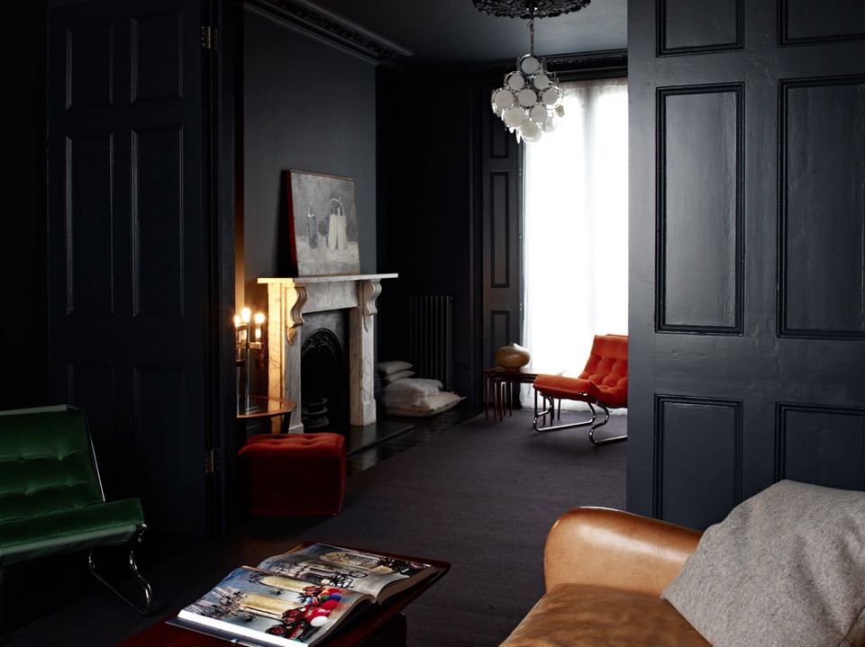 Graham Atkins-Hughes' family home in London, styled by wife Jo Atkins-Hughes. #dark #loungeroom #interiors