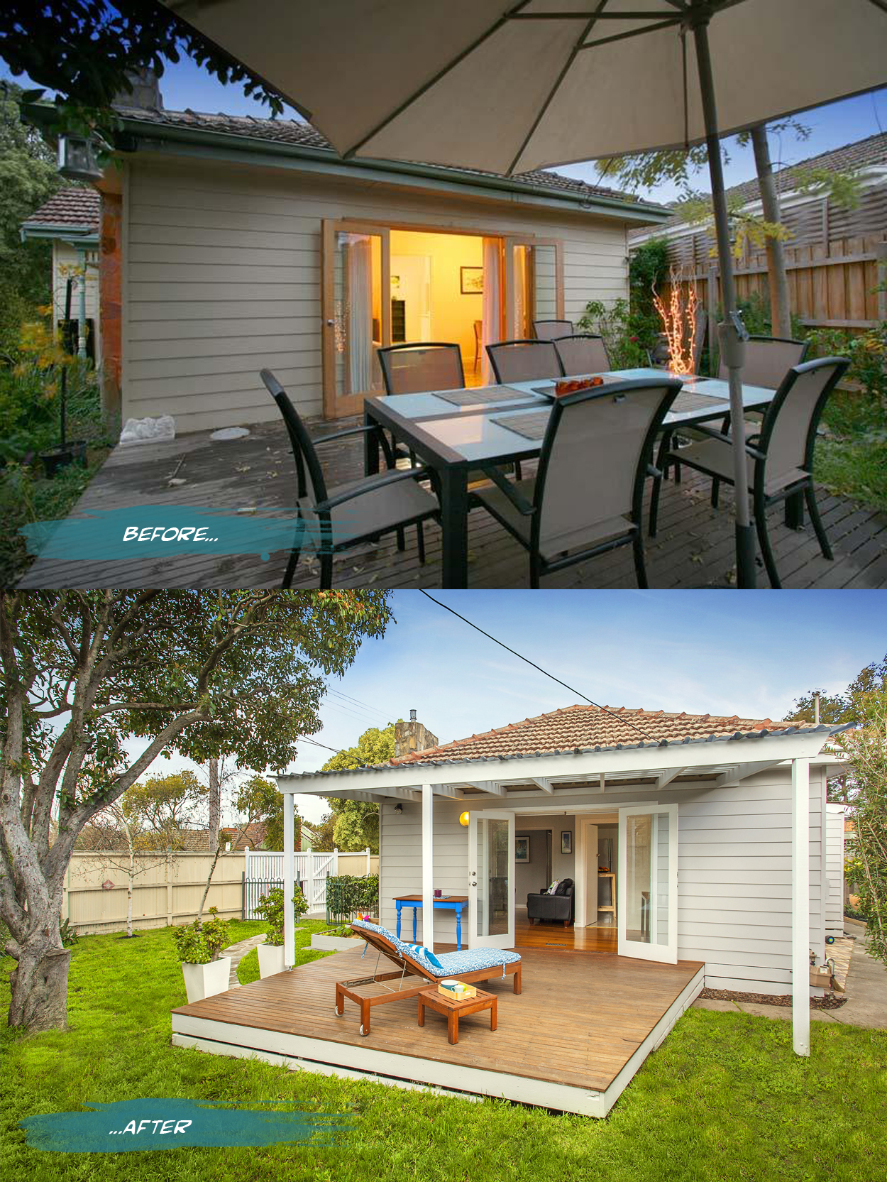 Outside deck before and after on Romona Sandon Designs blog. #interiors #beforeandafter #styling #exterior #deck #outdoors #home