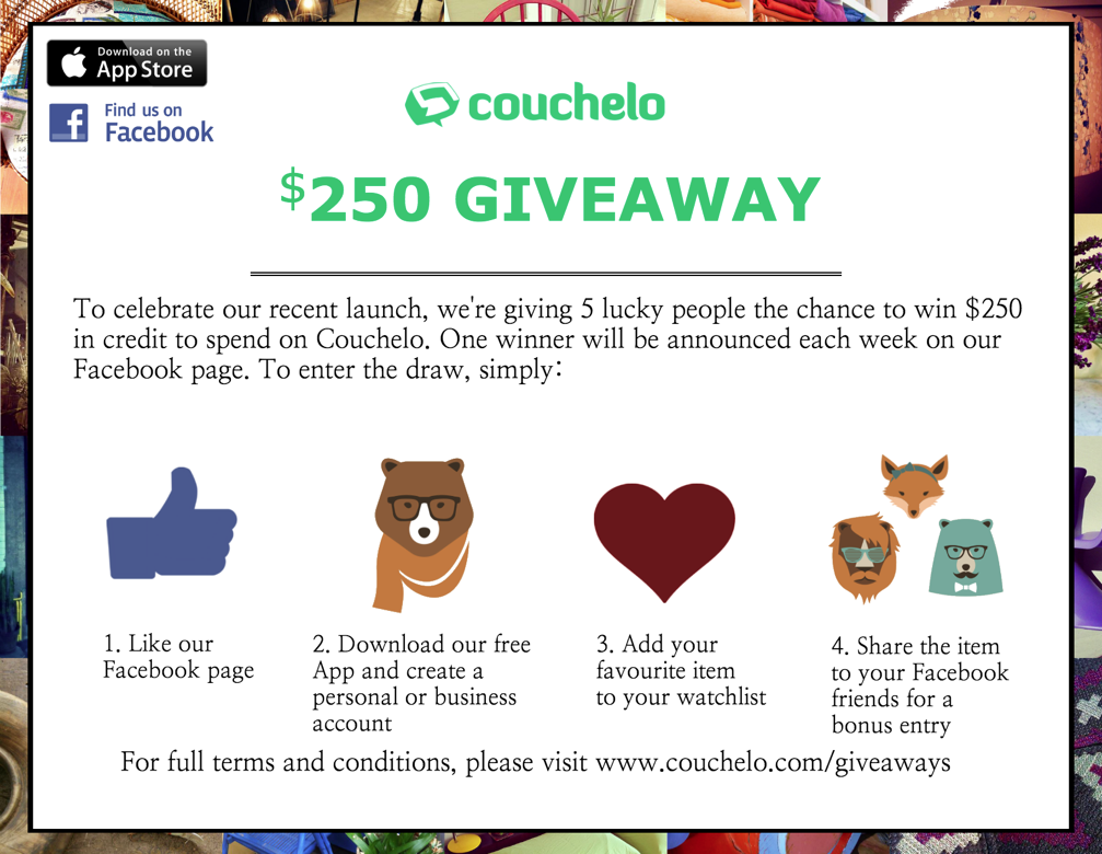 The Couchelo App is a curated marketplace for unique furniture and homewares. Giveaway Sweepstakes Card Website.