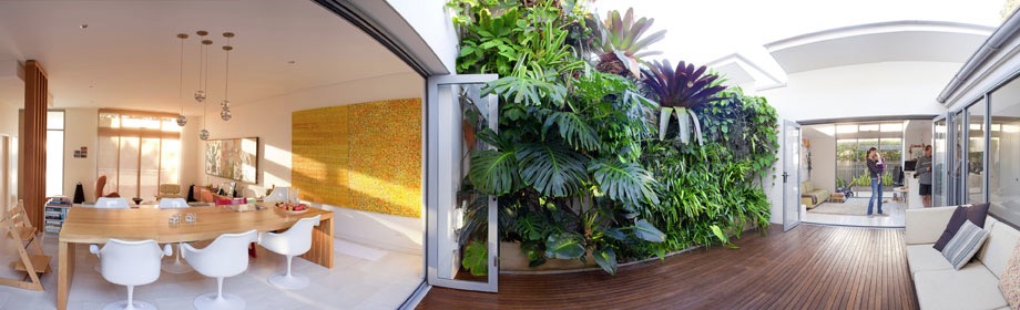 Pseudo-greenwall using fixed potted plants and clustered planting by The Greenwall Company. More #greenwall ideas on the RSD Blog.