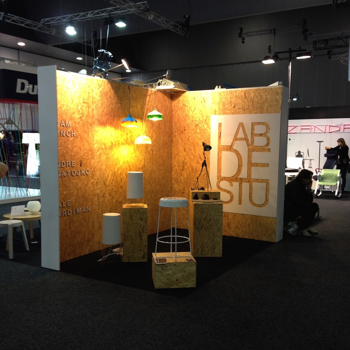 Lab De Stu display stand, showcasing their creative designs including 1/5 thimble stool, Dipp lamp, Mr. Dowel Jones lamp and Polly Popper pendant at DesignEX13, Melbourne. More on the RSD Blog.