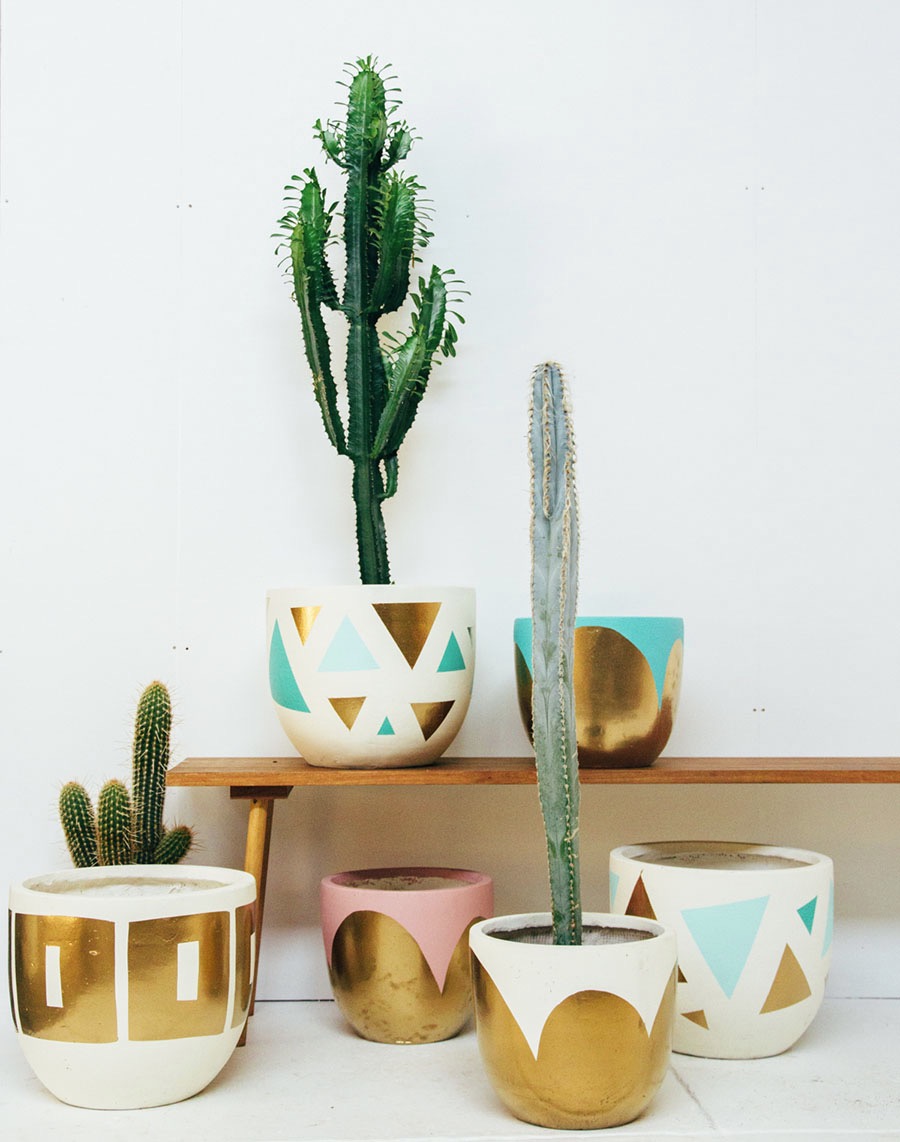 Assorted Pop and Scott hand-painted pots with patterns in Gold, Mint and Peach, also available at Tait
