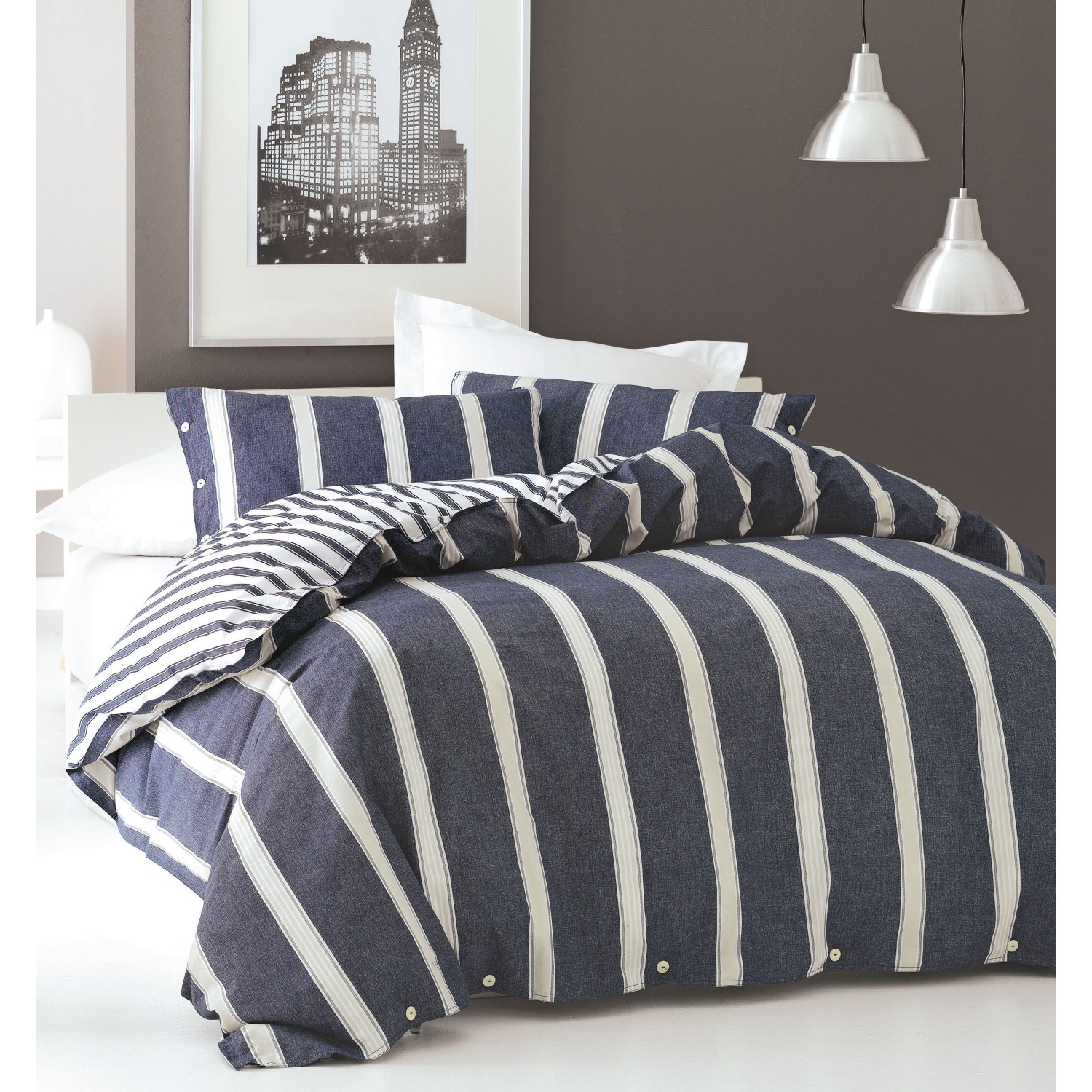 Sandler quilt cover in a preppy striped blue from Linen House available at Domayne