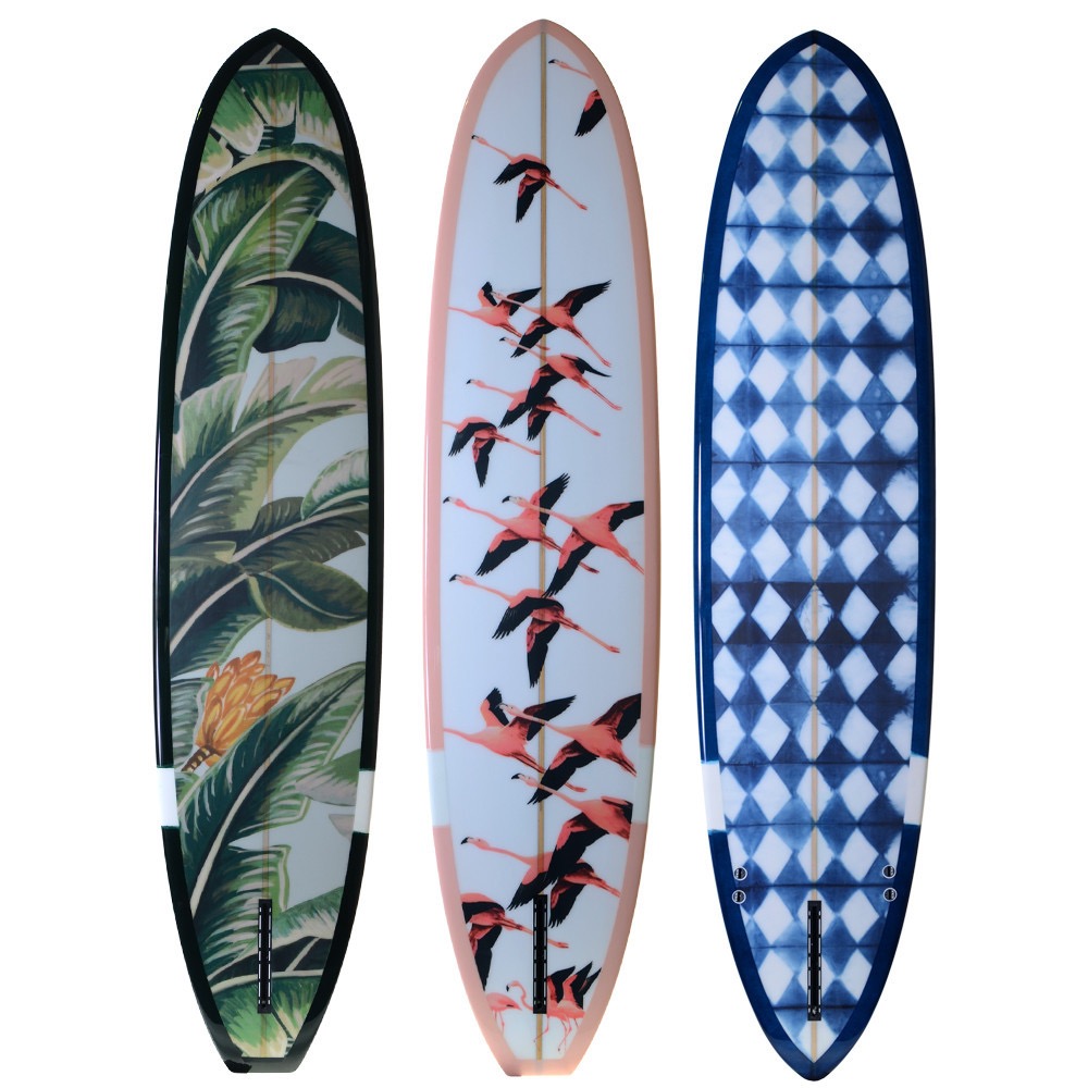 Sibella Court x McTavish #Surfboards collaboration featuring bespoke longboard designs by Bethany Linz, Sibella's own Society Inc. and #Shibori