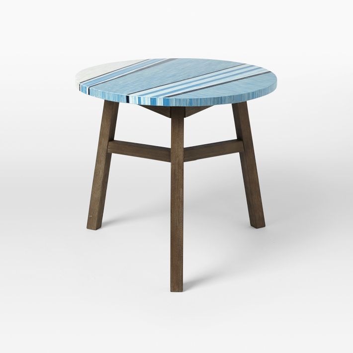Mosaic Bistro Table with Asymmetric Stripe Tile Top-Glass and FSC certified timber Driftwood Base from West Elm